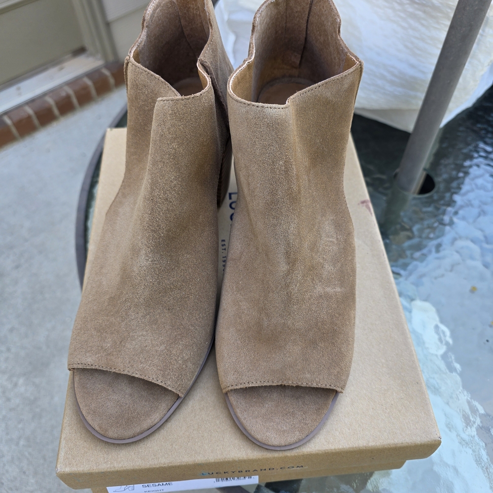 Lucky Brand Tan Suede Open-Toe Booties